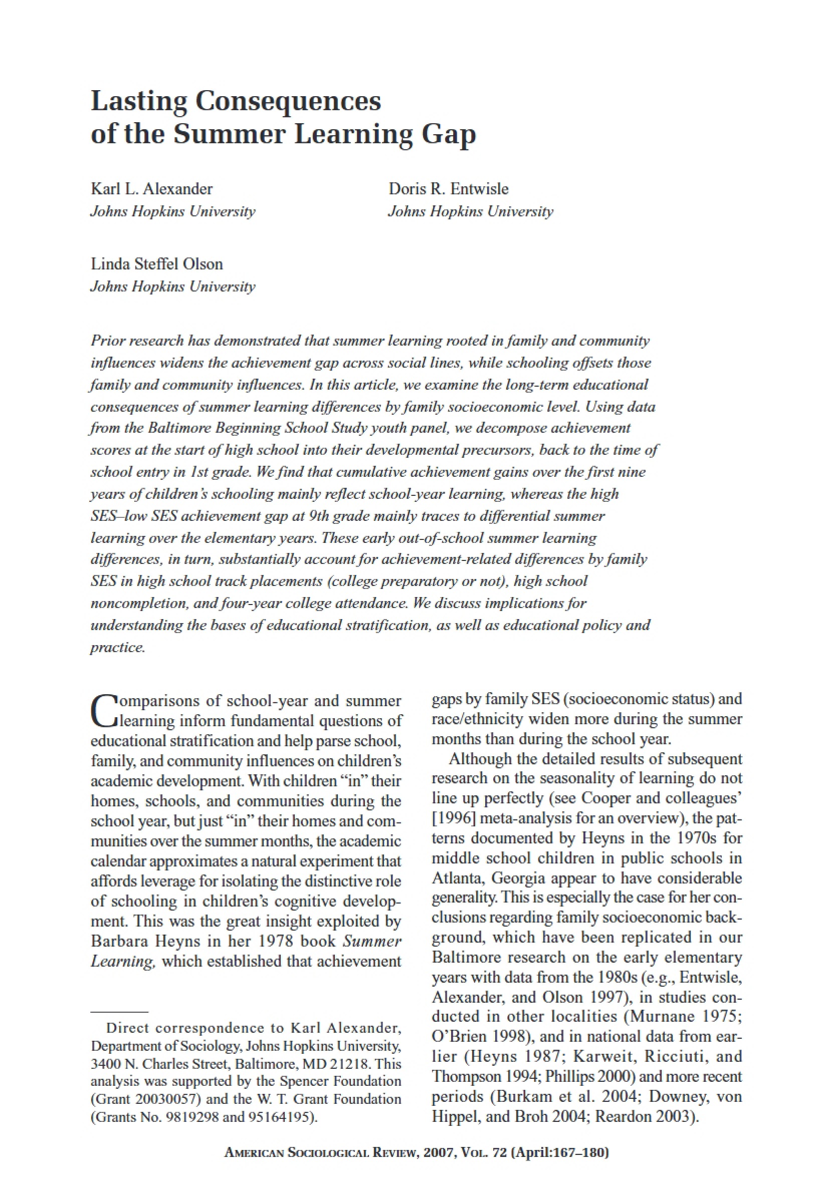 Summer Learning Gap Consequences