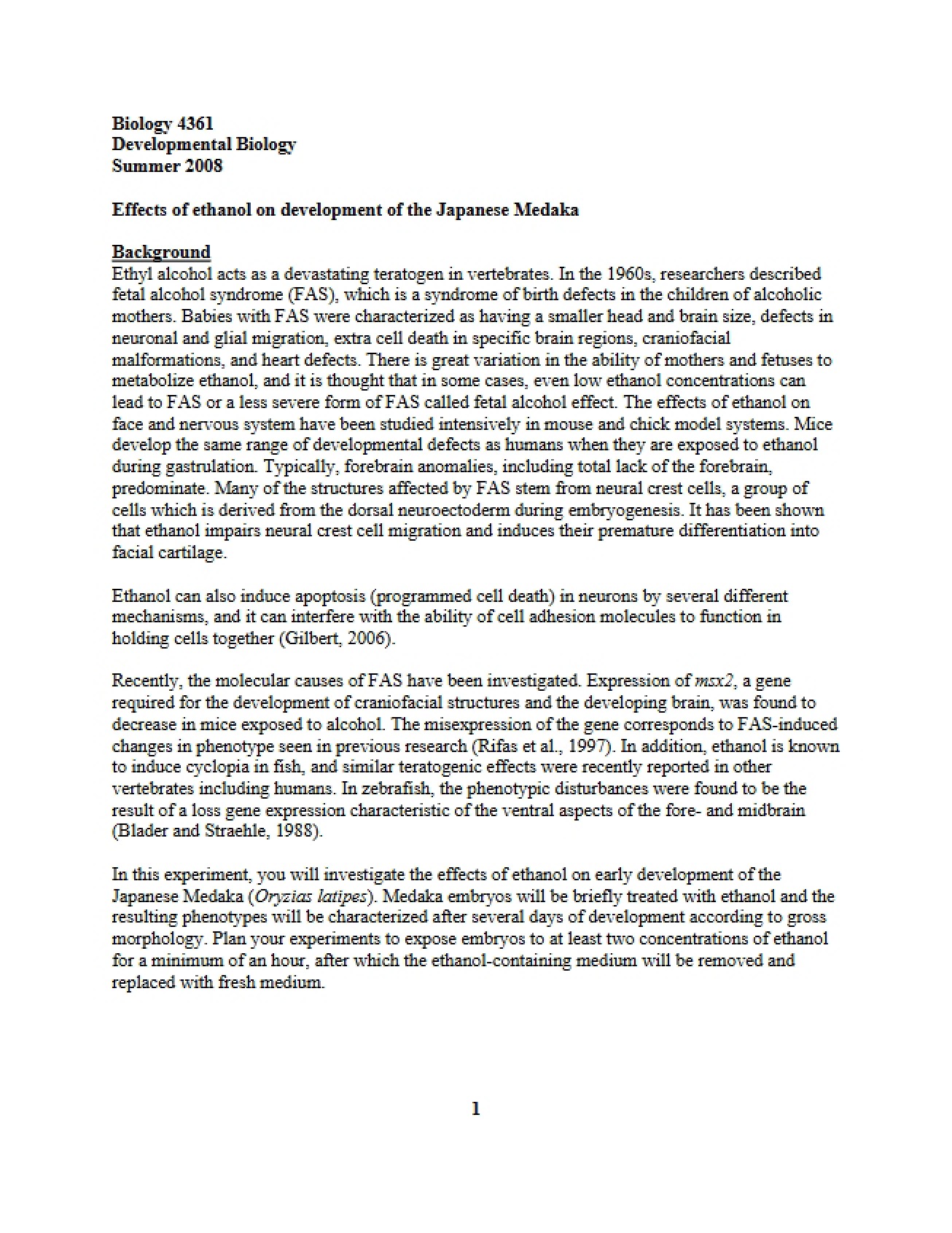Japanese Medaka Ethanol Effects on Development