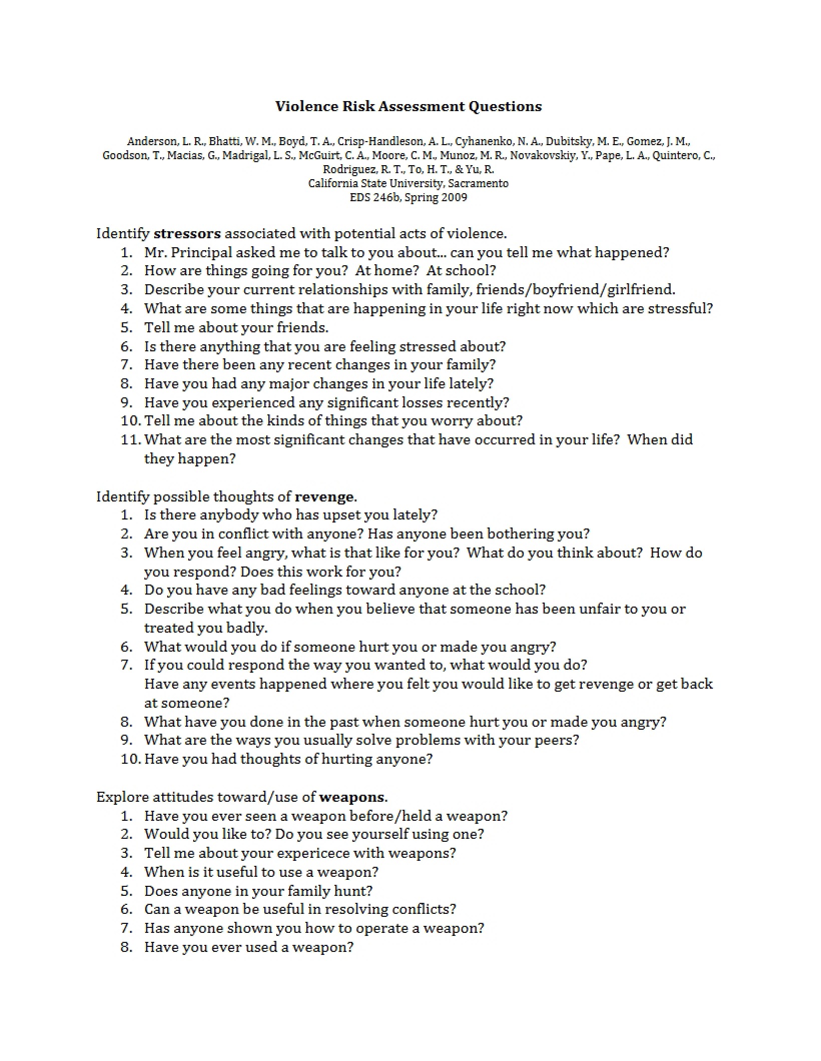 Questions for Violence Risk Assessment