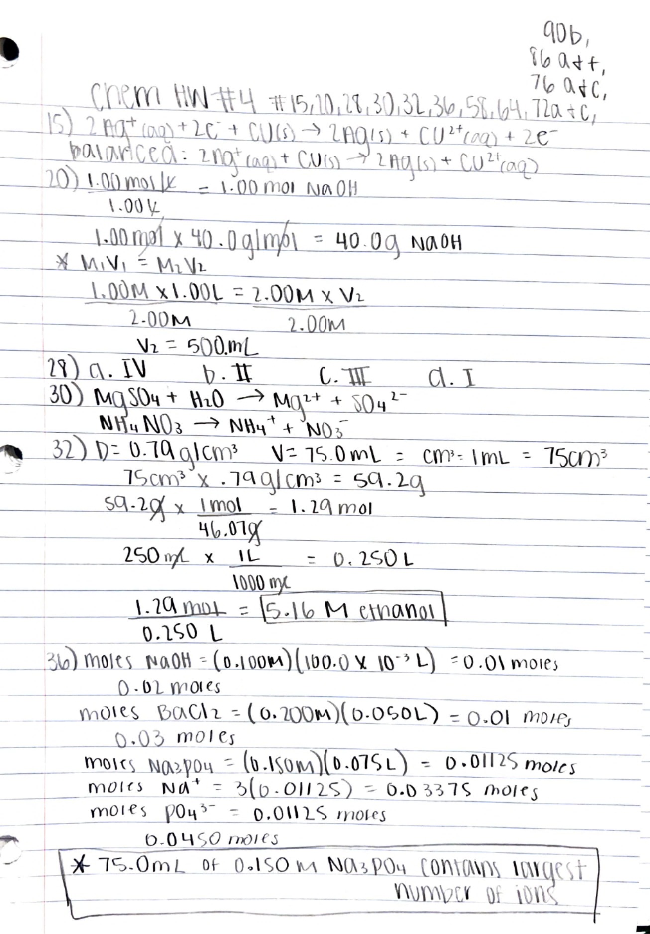 Fourth Homework Assignment in General Chemistry I
