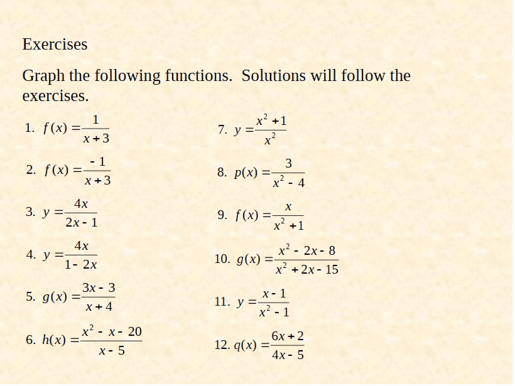 Practice Problems Rational Functions