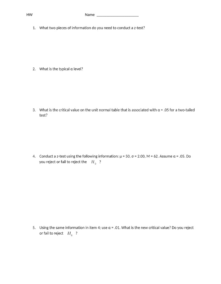 Z-Test Homework - Critical Values and Null Rejection