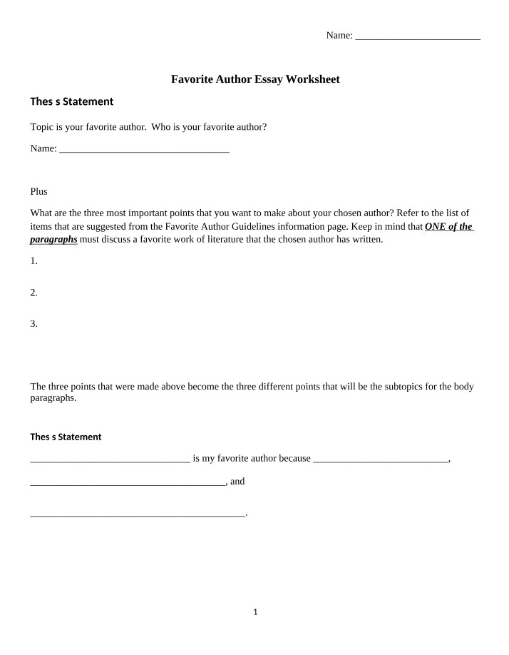 Favorite Author Essay - Outline and Worksheet