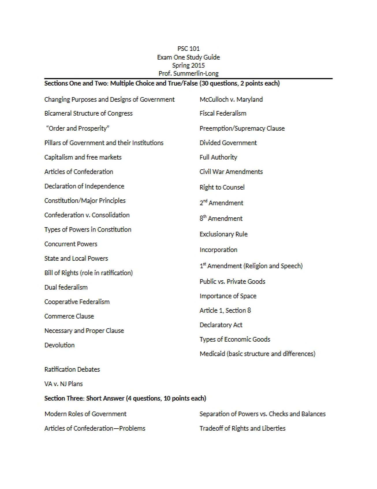 Guide for Exam One