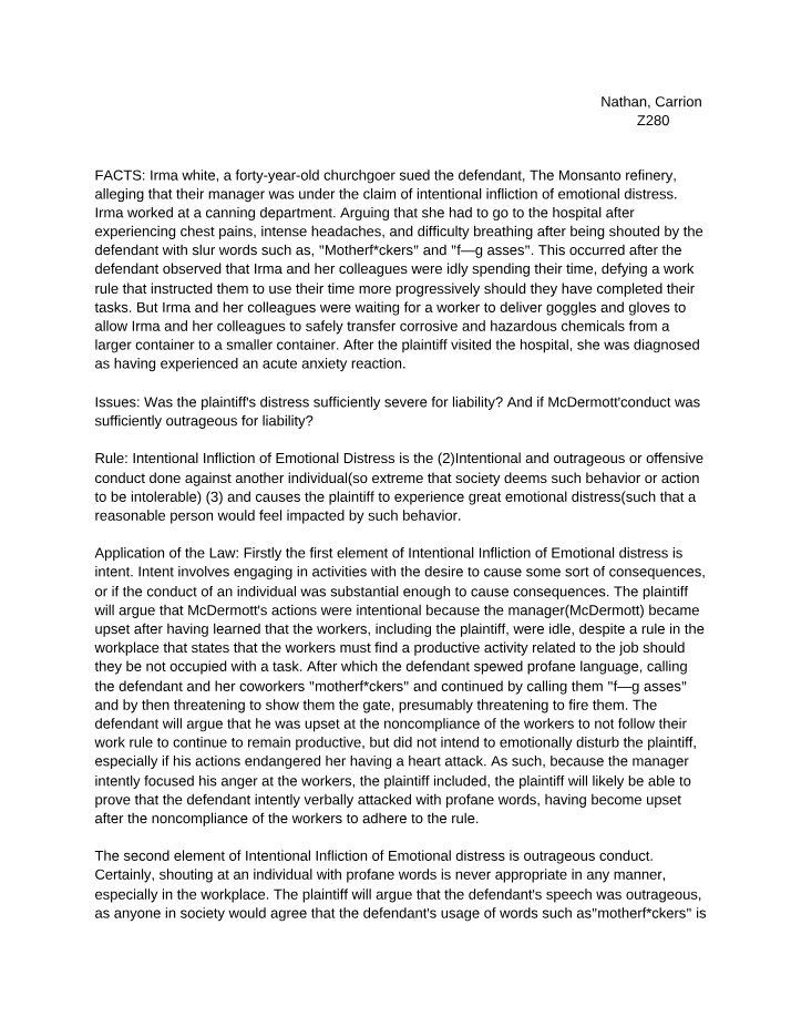 Case Analysis - Intentional Infliction of Emotional Distress