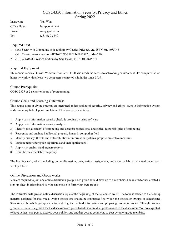 Information Security, Privacy, and Ethics Syllabus - Spring 2022