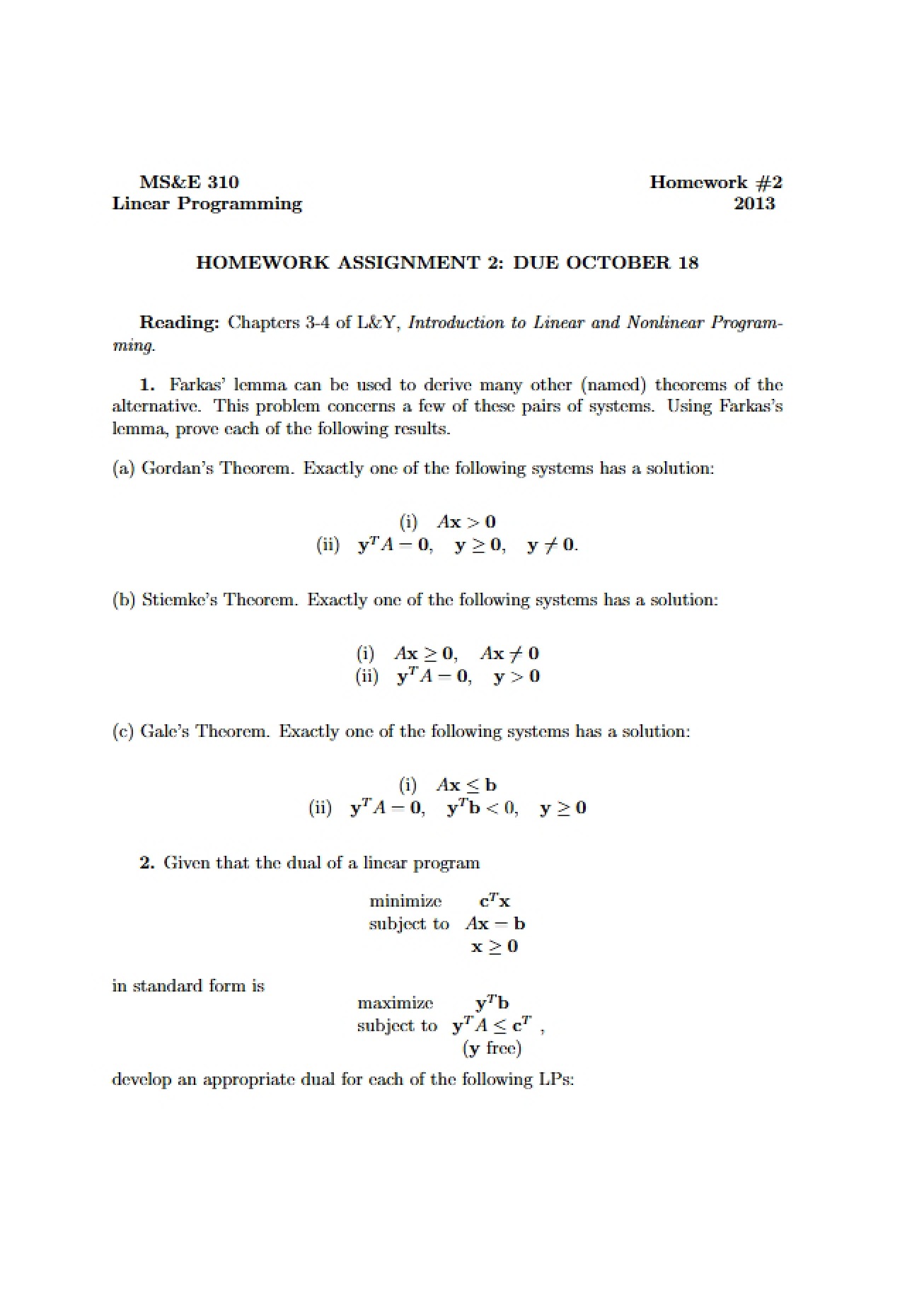 Second Homework Assignment for Linear Programming