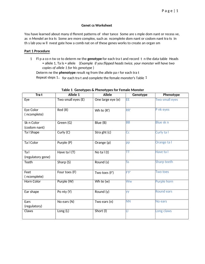Worksheet on Genetics