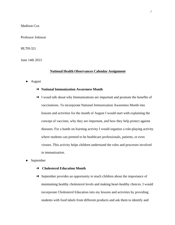 Assignment - National Health Observances Calendar