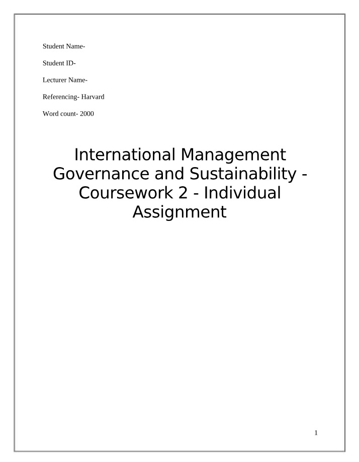 International Management Governance and Sustainability - Assignment 2