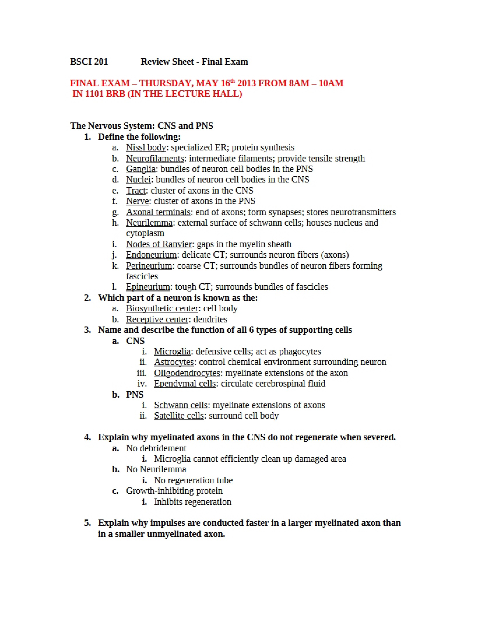 Final Examination Review Sheet