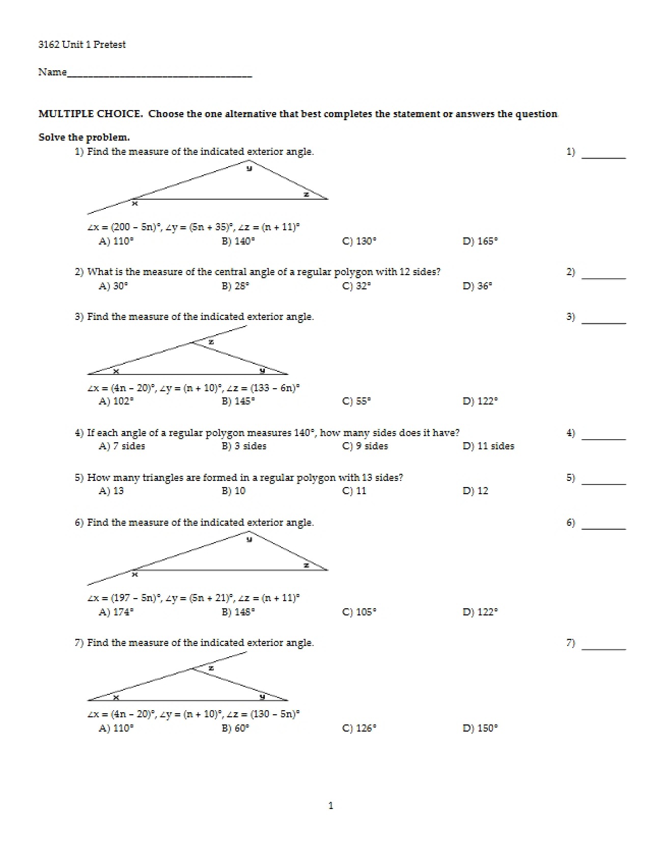 Pretest for Unit 1 (MATH 3162)