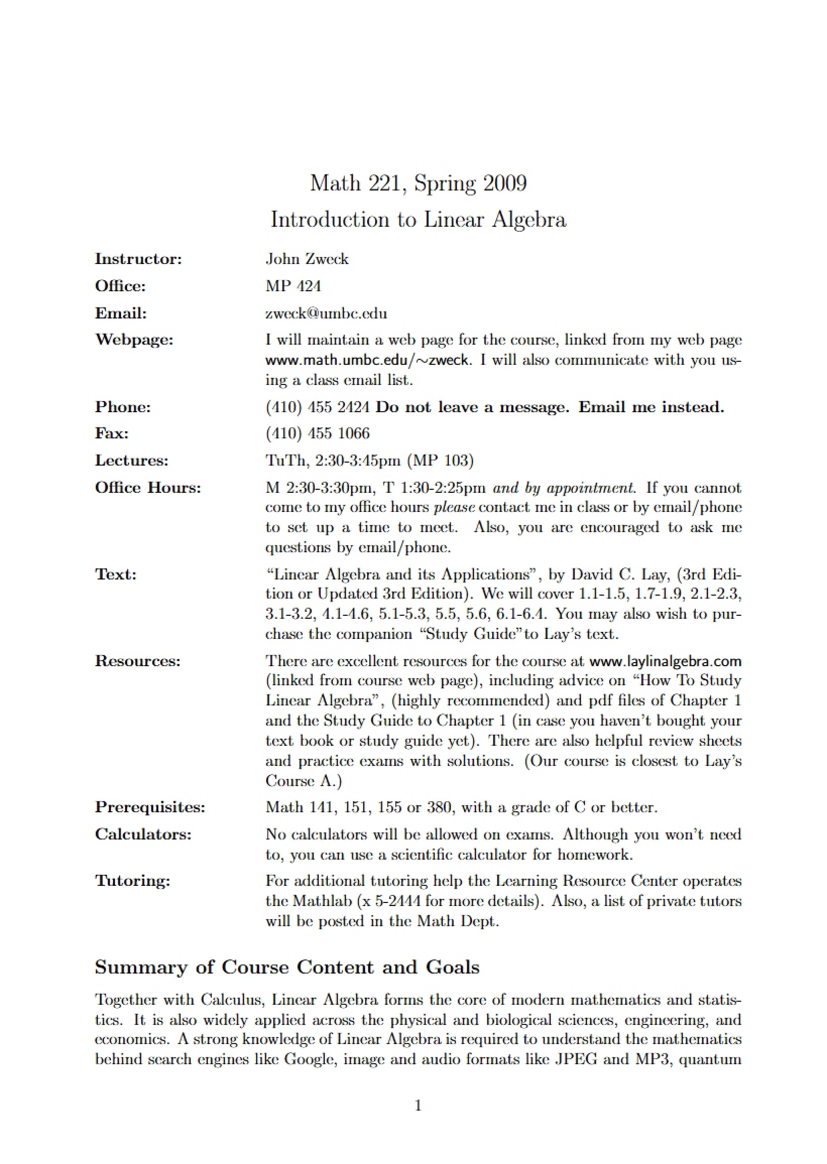 Math 221 Course Outline