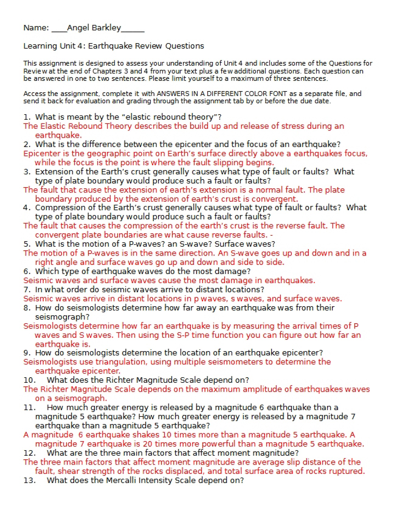 Questions Earthquake Review - EAES 104
