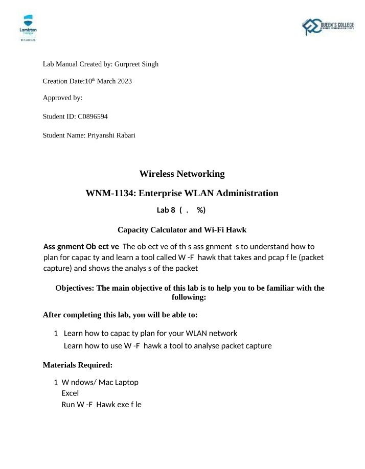 Wi-Fi Analysis and Capacity Planning for Wireless Networking Lab