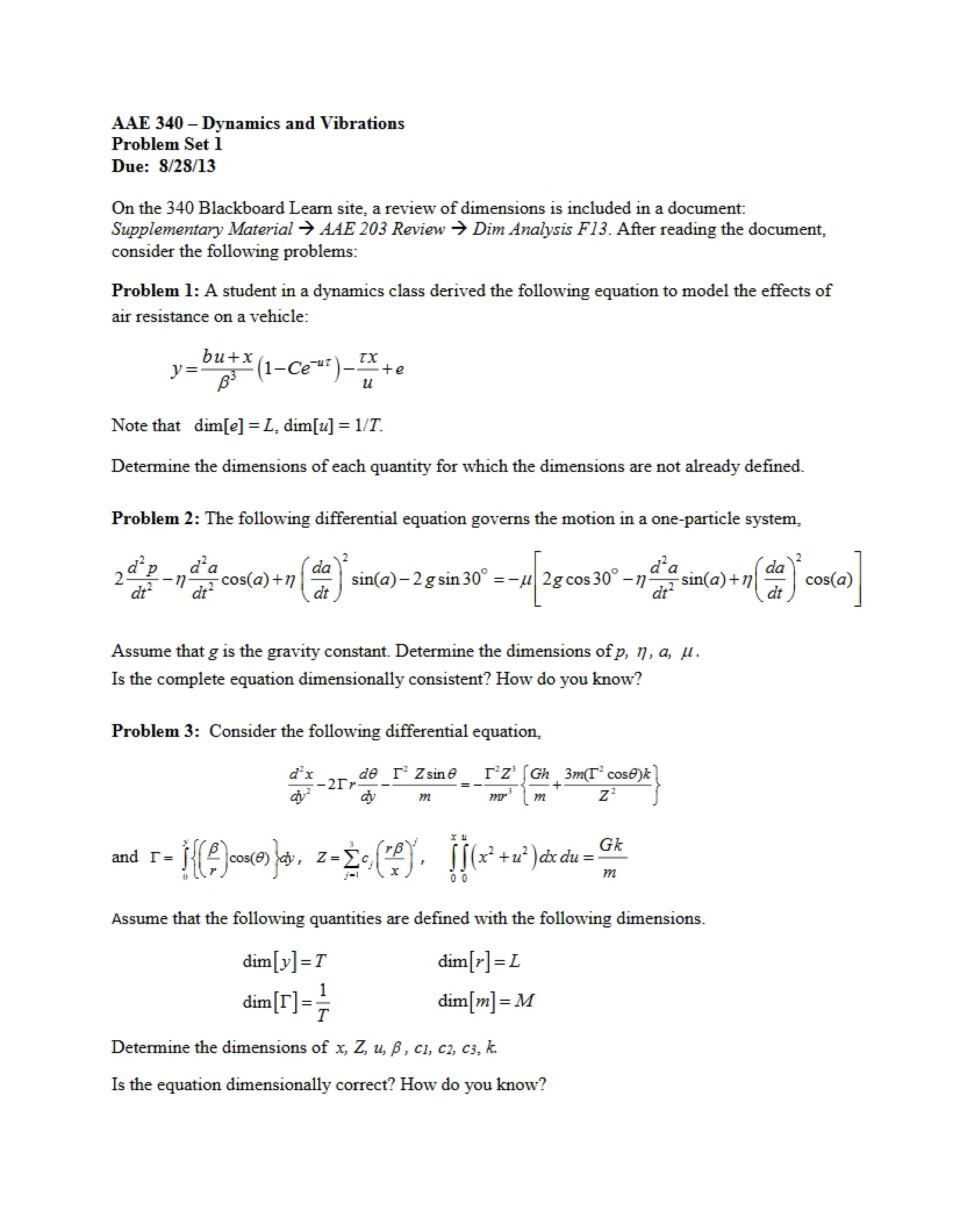 Problem Set One Fall 2013