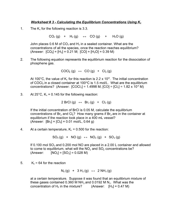 Calculating Equilibrium Concentrations with Kc Worksheet