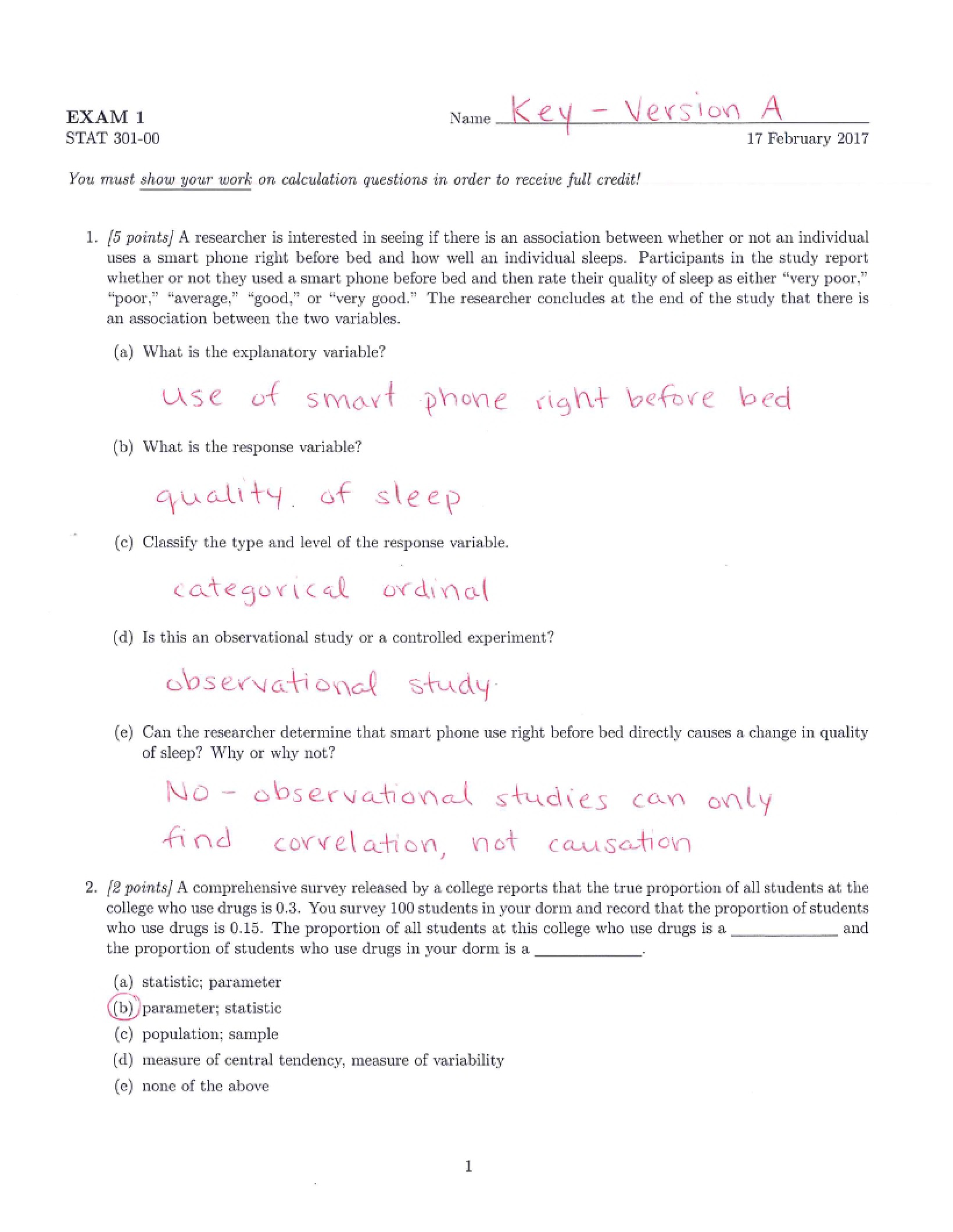 Exam 1A Answer Key