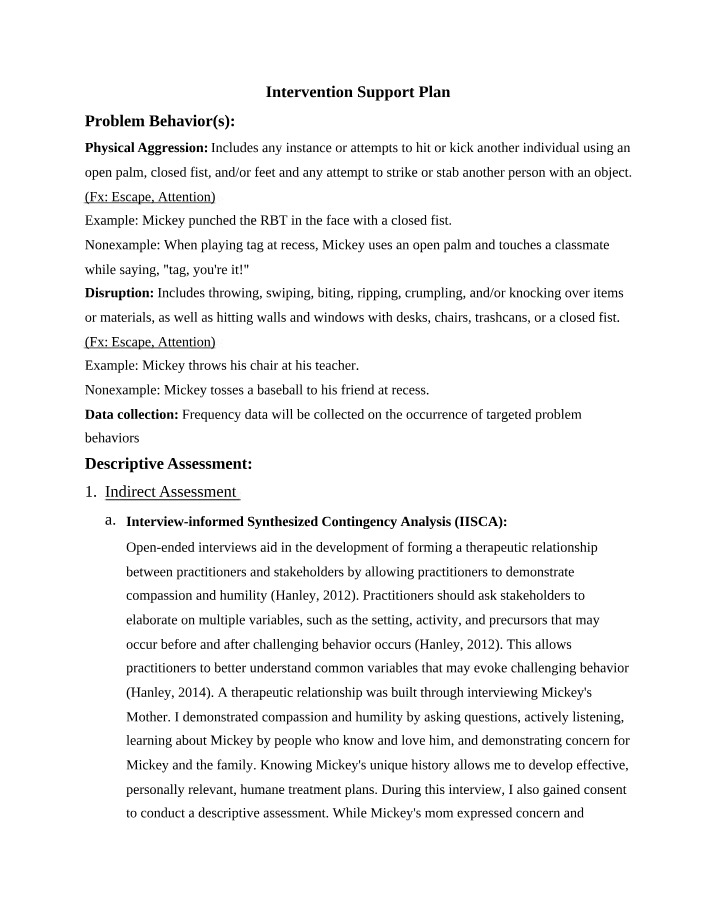 Support Plan for Intervention