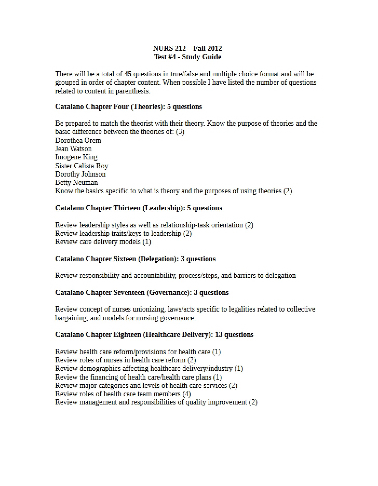 Fall 2012 Study Guide for Test #4