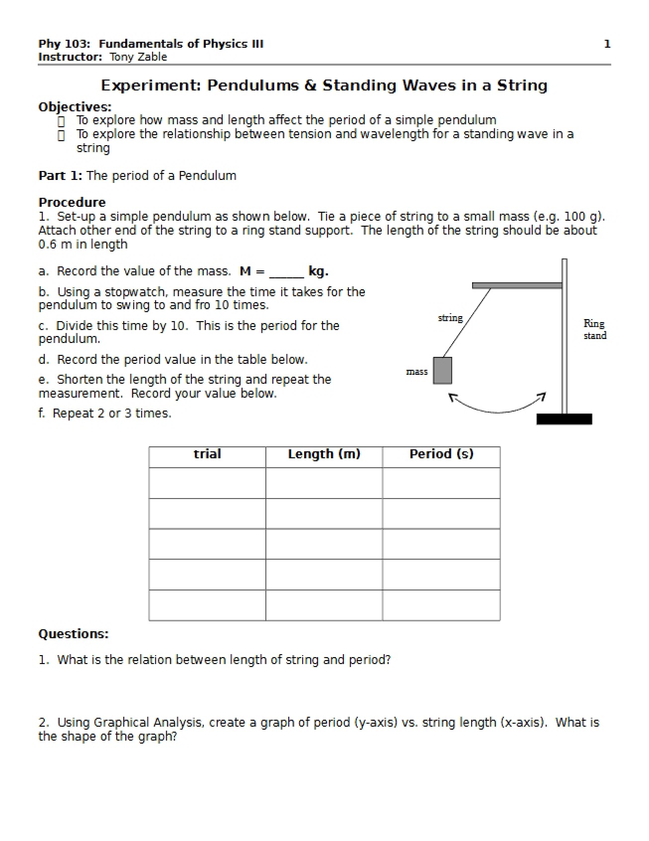 Experiment on Standing Waves in a String and Pendulums