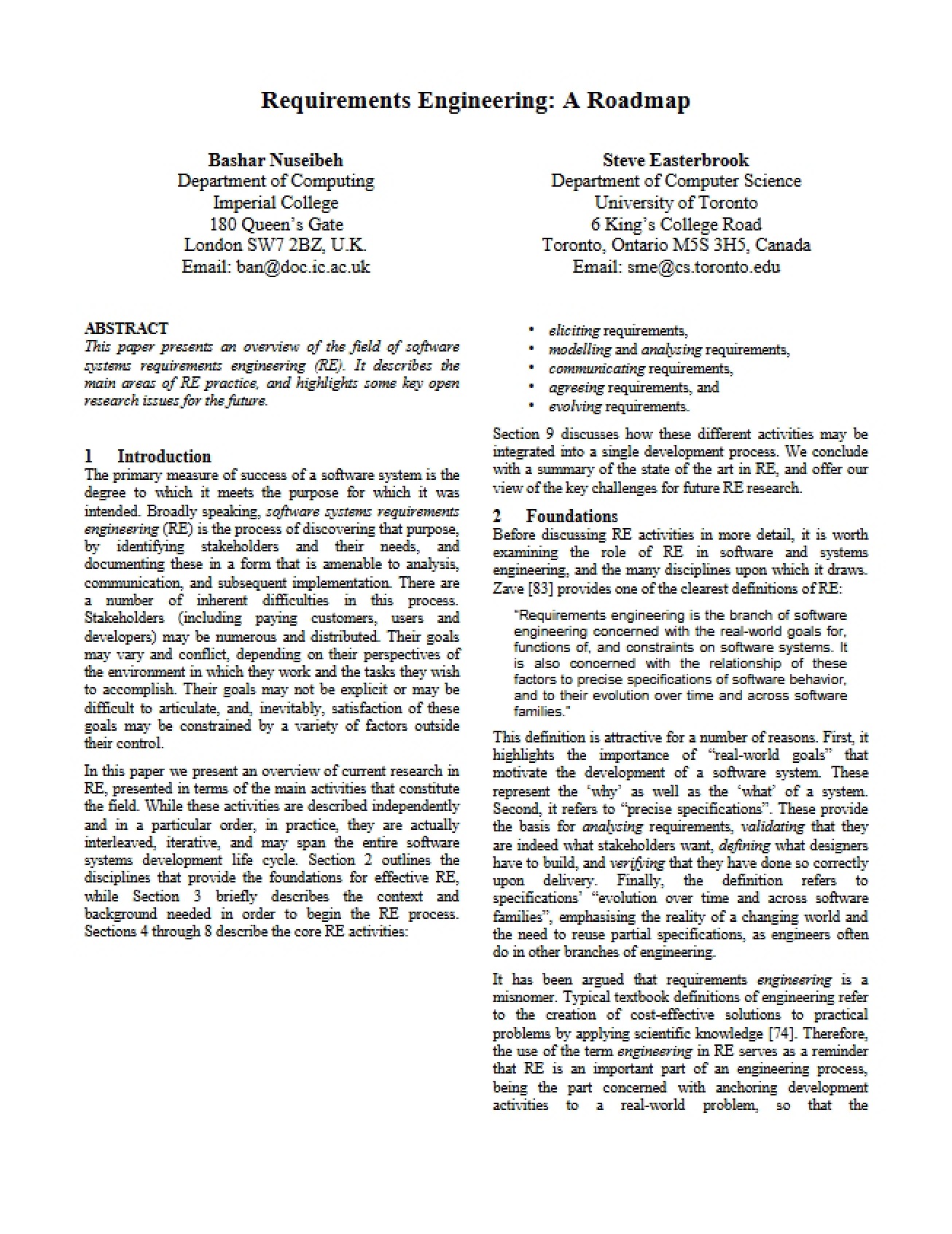 Roadmap for Requirements Engineering