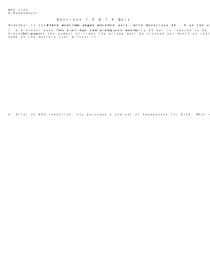 MAC 1105 Quiz - Sections 1.3 & 1.4