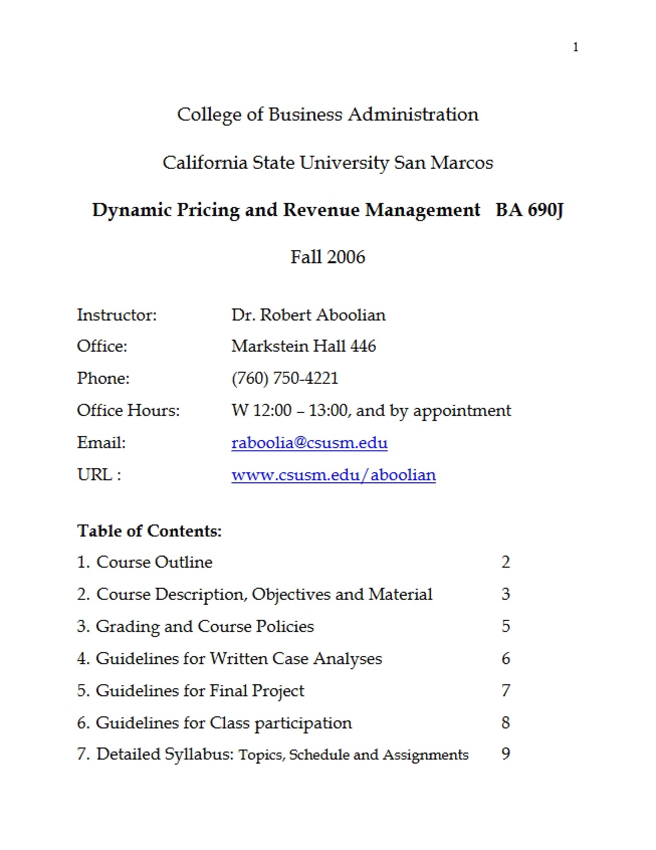 Dynamic Pricing and Revenue Mgmt Syllabus