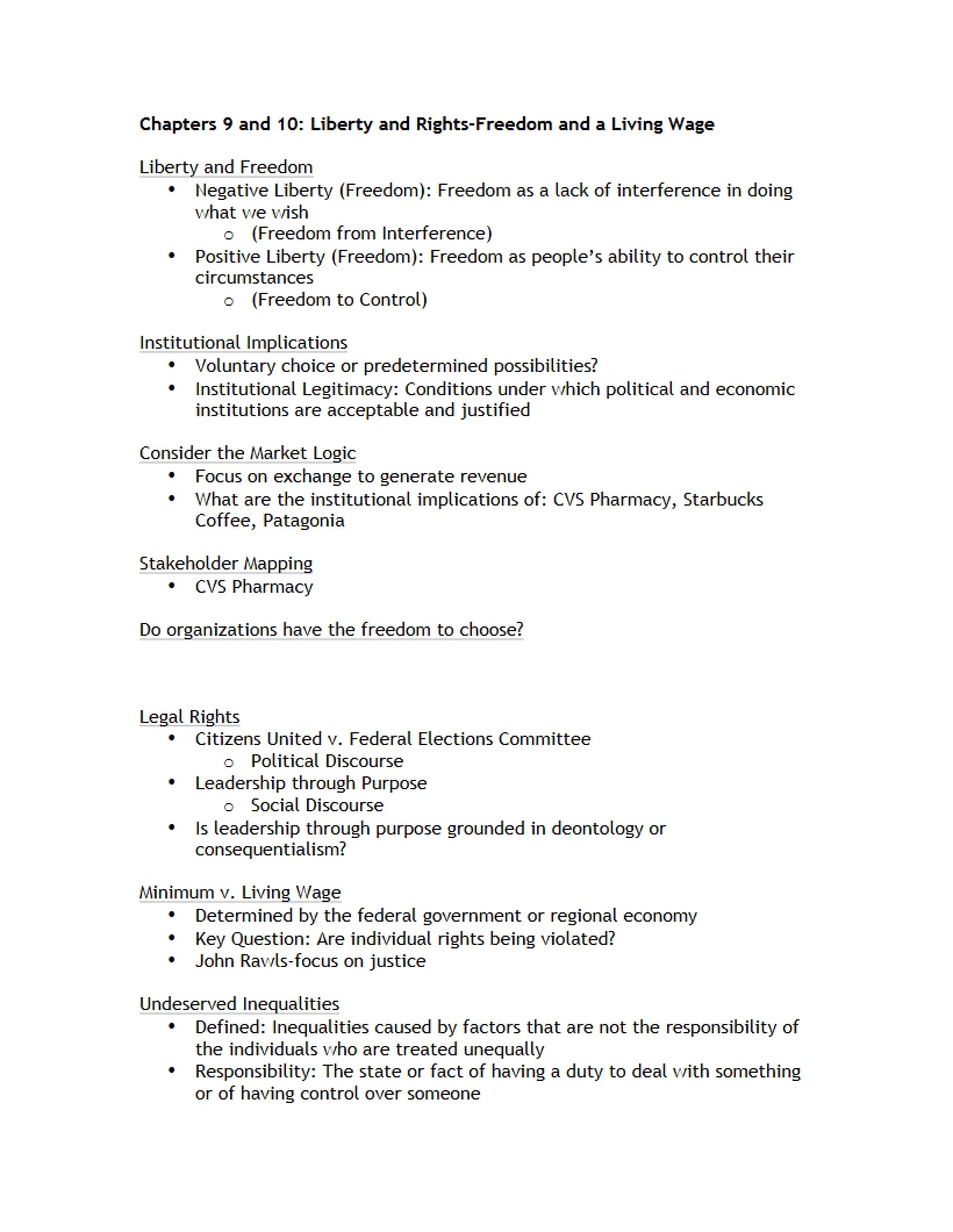 Liberty and Rights Freedom and Living Wage (Ch 9 & 10)