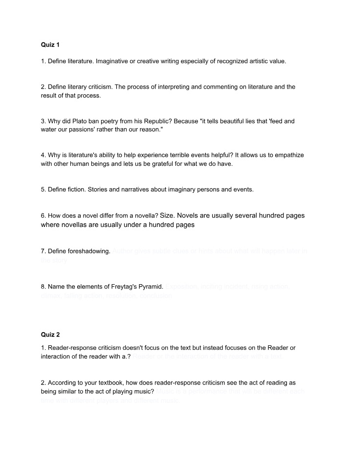 Quizzes on Literary Terms and Criticism