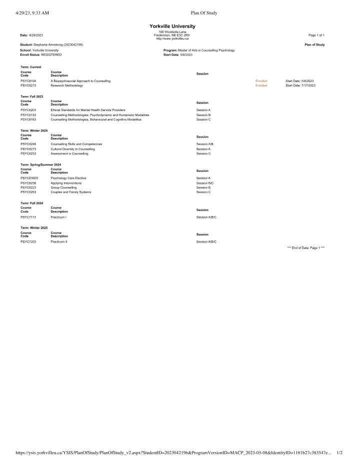 Yorkville U Plan of Study