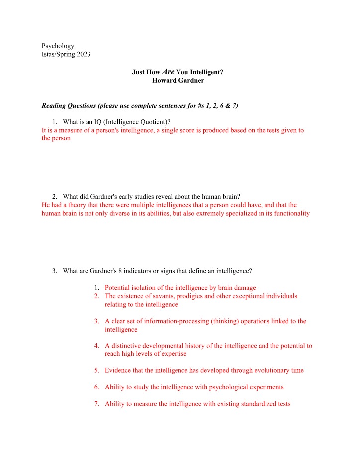 Reading Questions - Gardner's Theory of Multiple Intelligences