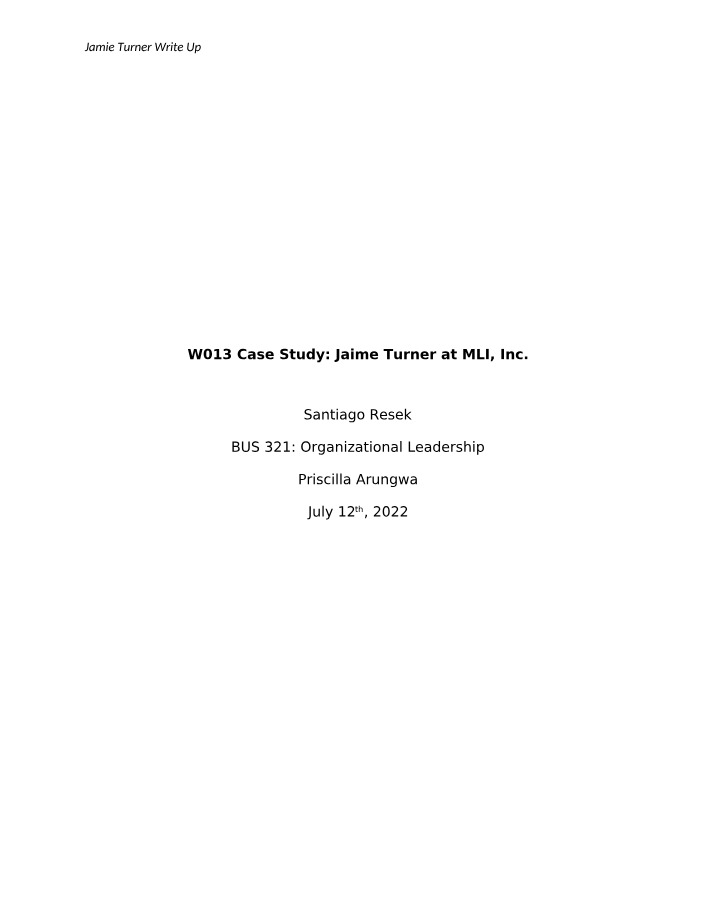 Jaime Turner at MLI, Inc. W013 Case Study