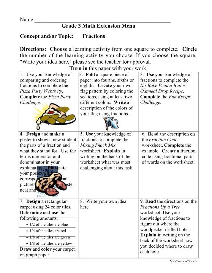 Fractions Extension Menu - Grade 3 Math