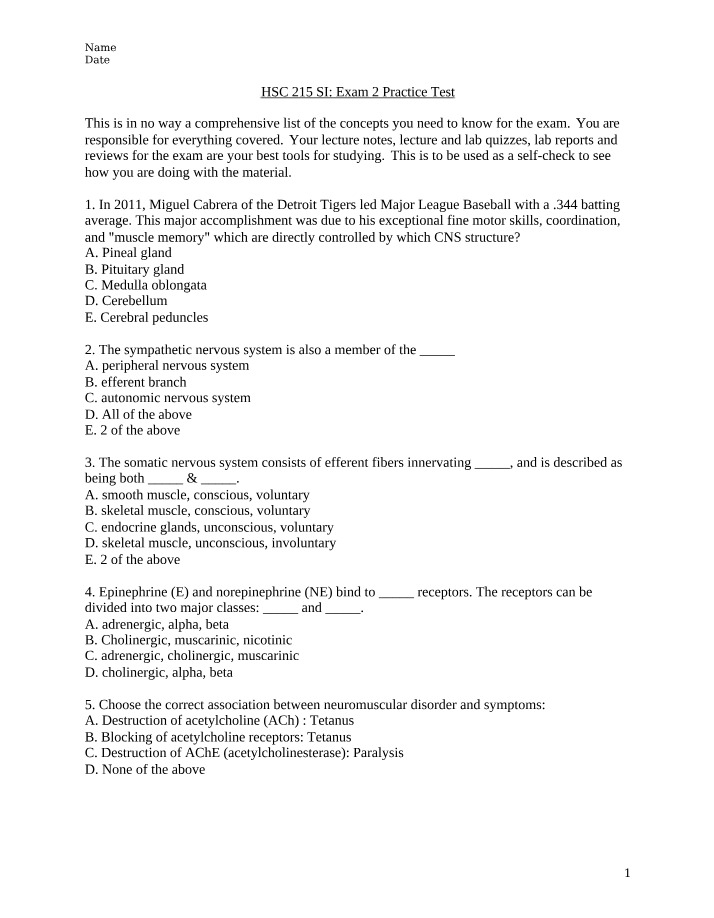 HSC 215 SI Exam 2 - Practice Test and Study Guide