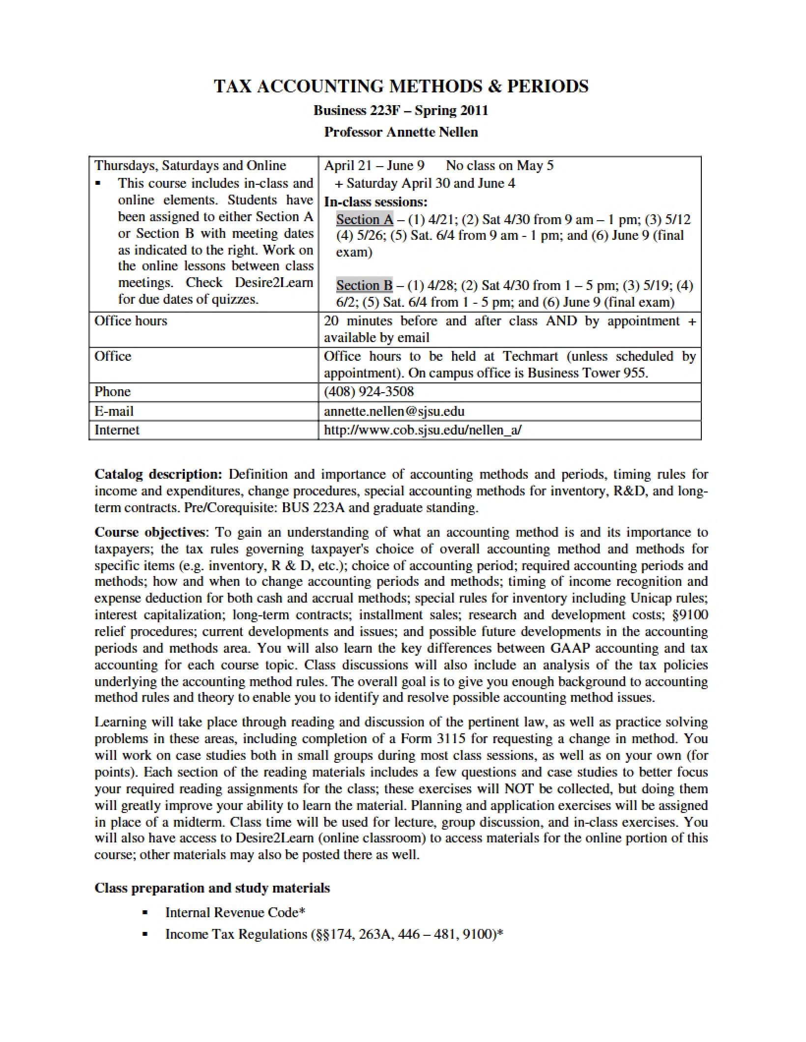 Tax Accounting Methods Syllabus