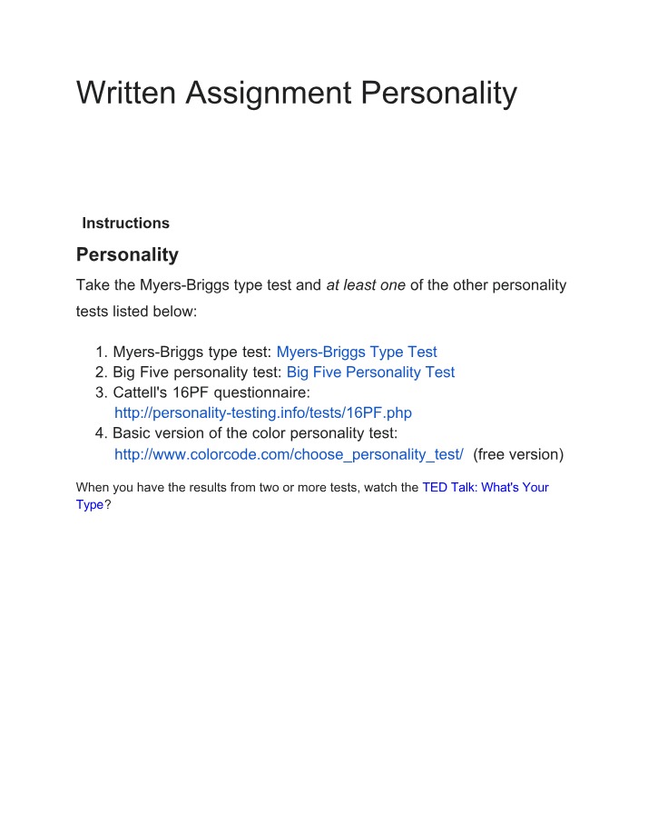 Written Assignment on Personality