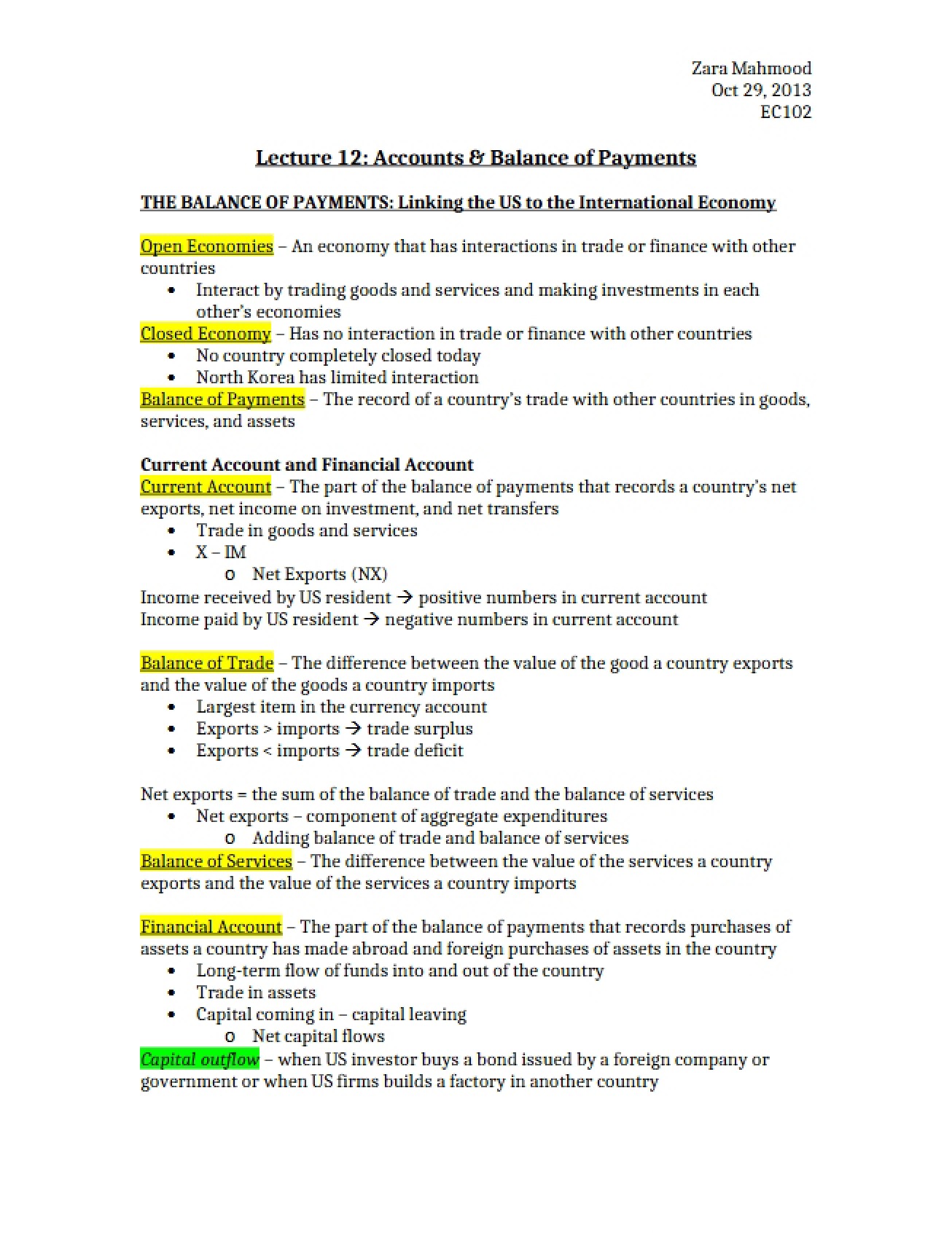 Twelfth Lecture Accounts and the Balance of Payments