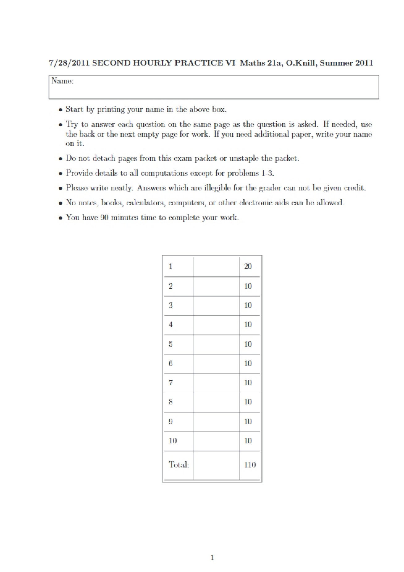 Sixth Practice Set for Second Hourly