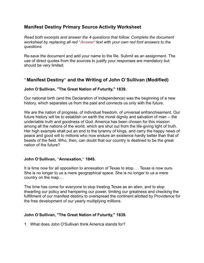 Primary Source Activity Worksheet - Manifest Destiny