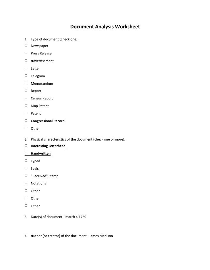 Worksheet for Document Analysis