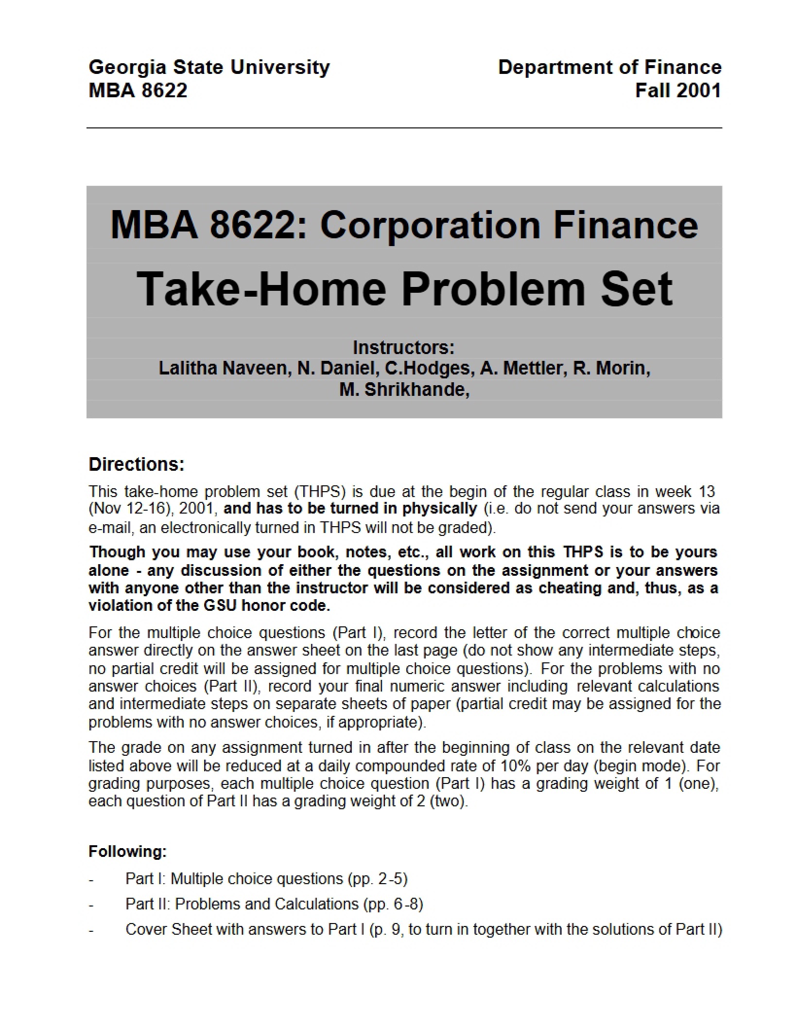 Problem Set (Take Home)