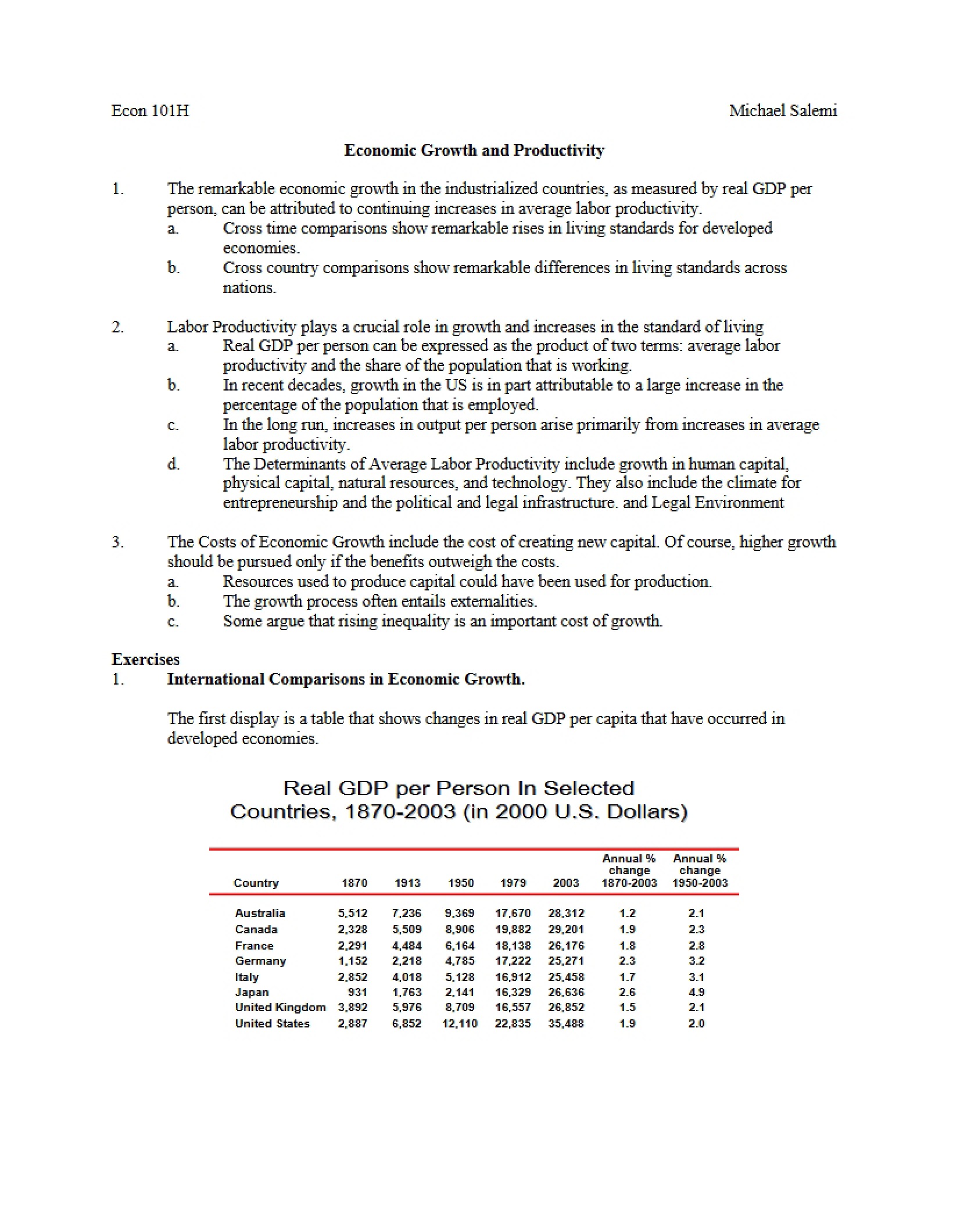 Productivity and Economic Growth (Class 24)