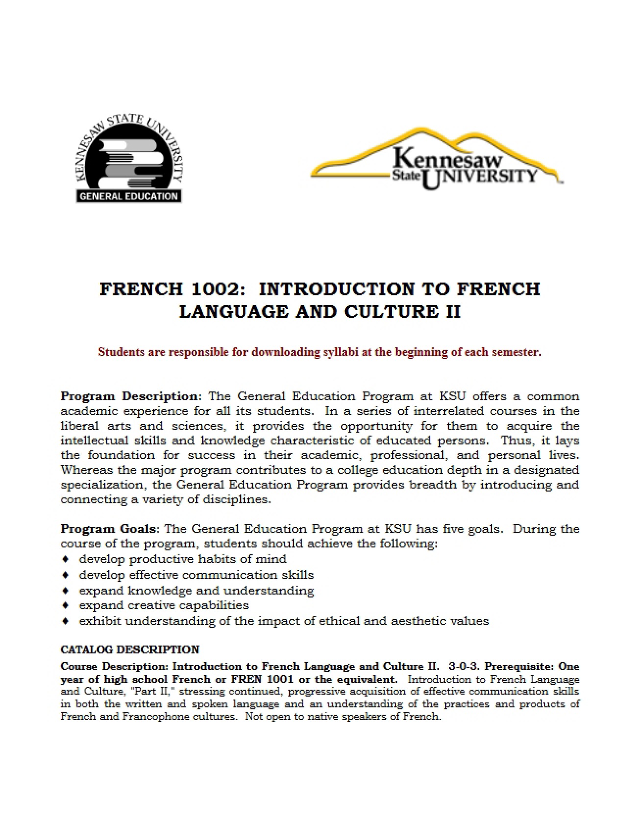 Second Semester Introductory French Syllabus