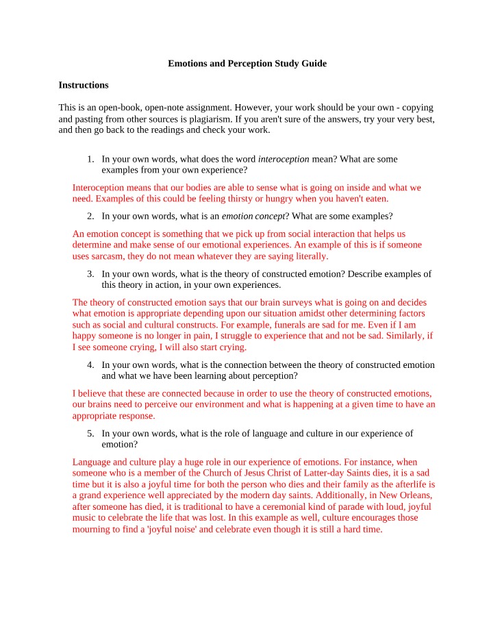 Emotions and Perception Study Guide