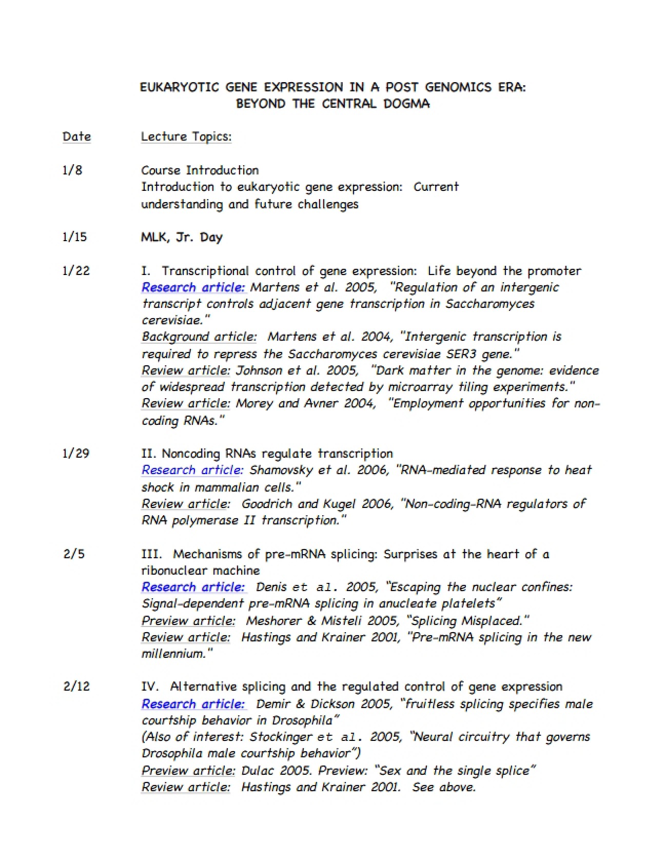Advanced Biology Seminar Schedule