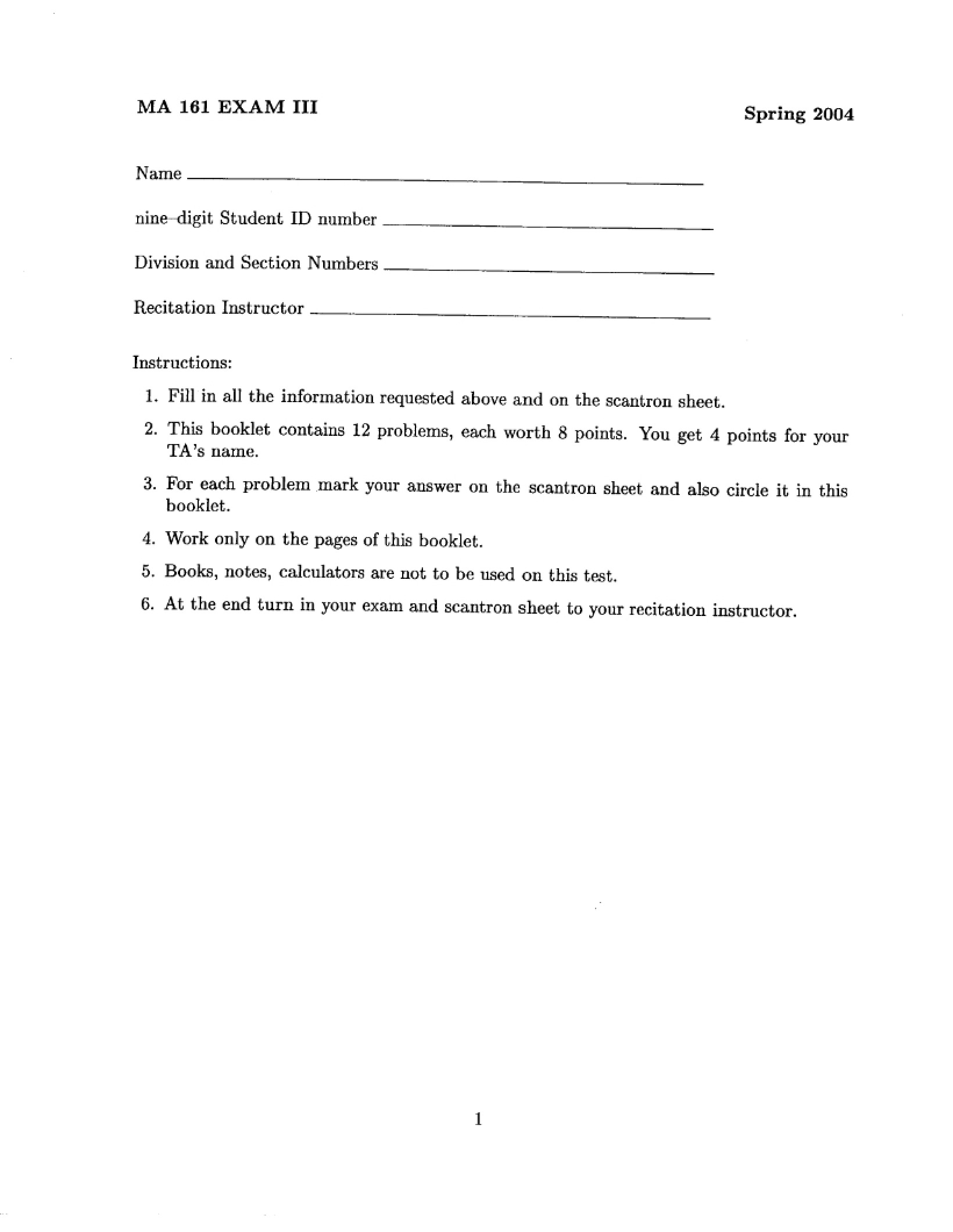 Third Calculus Exam