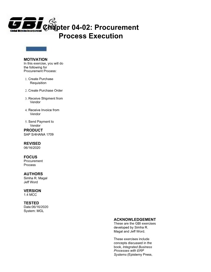 SAP S4HANA 1709 - Procurement Process Execution