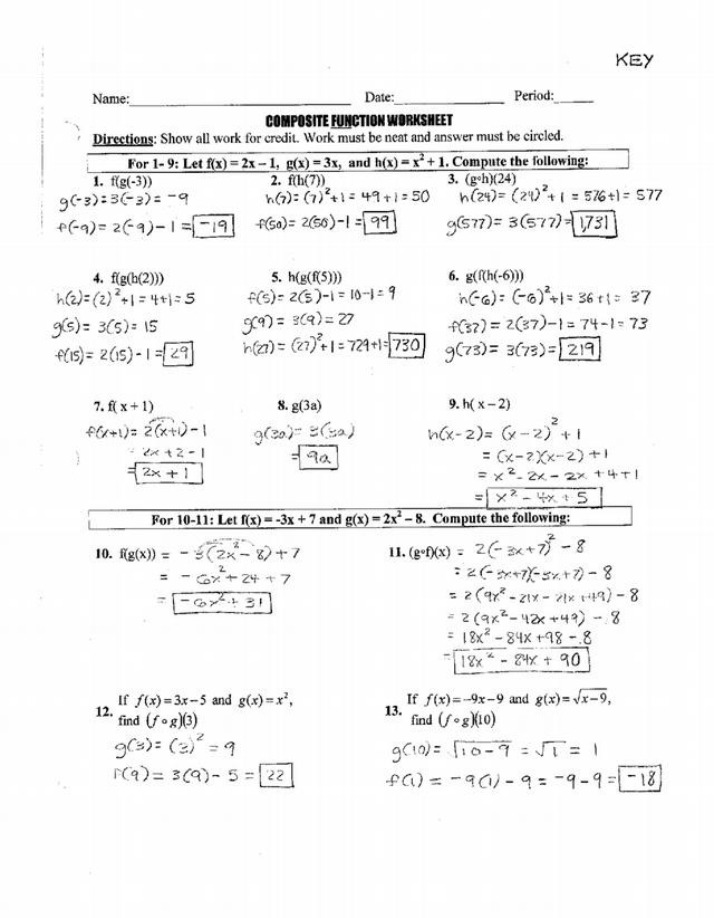 Worksheet on Composite Functions