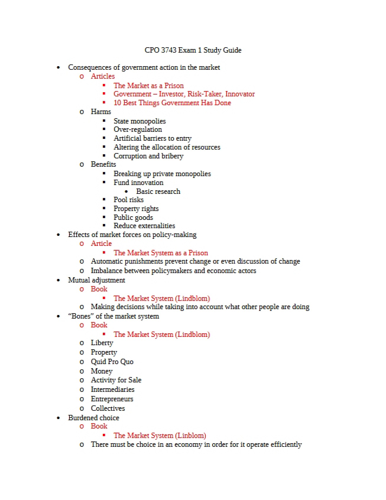 Study Guide for the First Exam on States and Markets